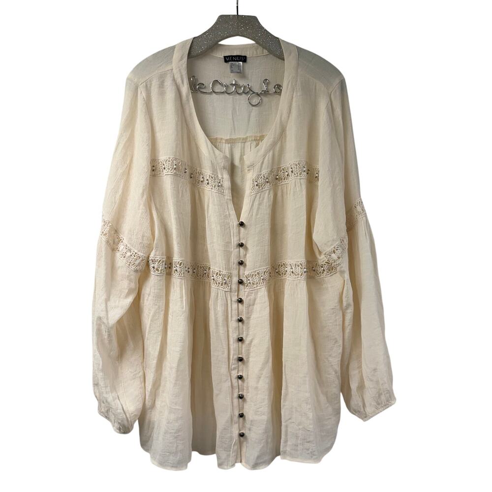 Venus Loose Fit Bohemian Ivory Button Front Subtle Beading 3X Rayon